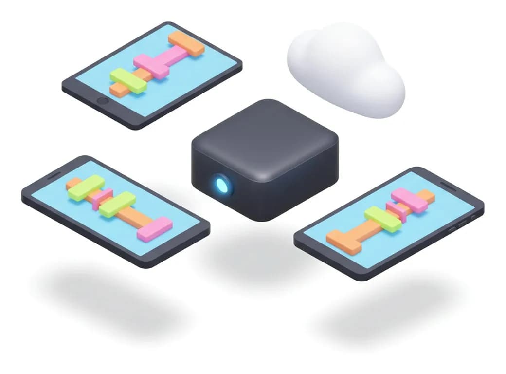 Illustration of a small black mini PC with a tablet and two phones around it, each screen showing a colourful obstacle course